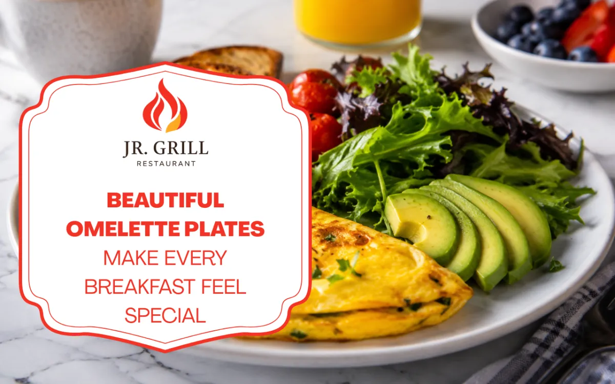  Fresh omelette plates served with colorful breakfast sides