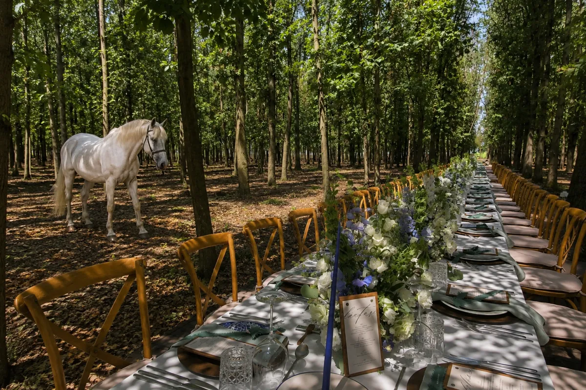 Cal alb lângă masa lungă pregătită în pădurea de la Singureni Manor