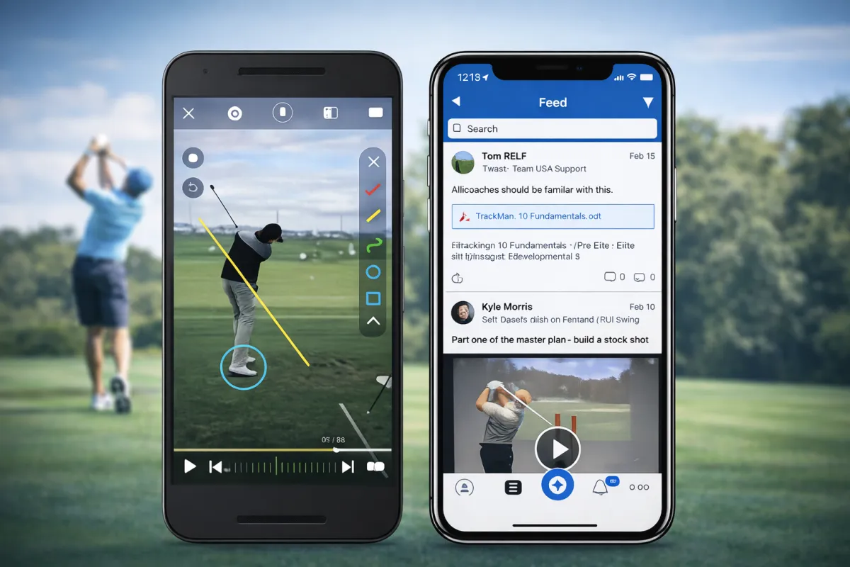 PGA golf coach reviewing swing video on tablet with player practicing on the range
