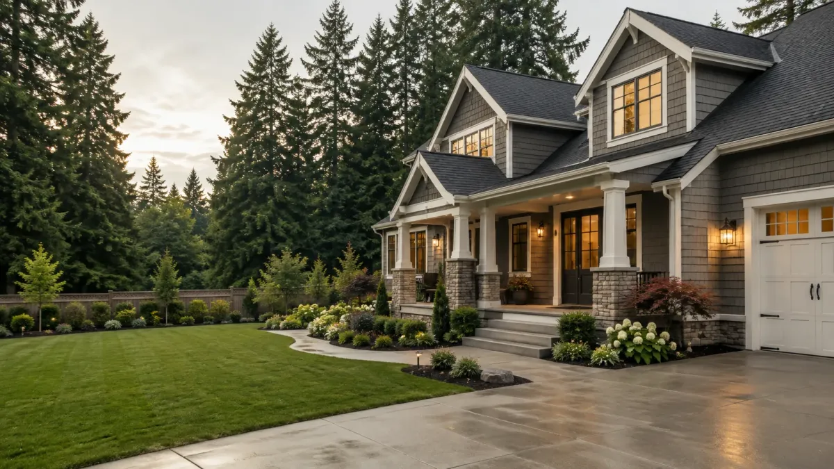 Cleaned cedar privacy fence, house siding, and concrete walkway at a well-maintained Gresham, Oregon home with lush Northwest landscaping.