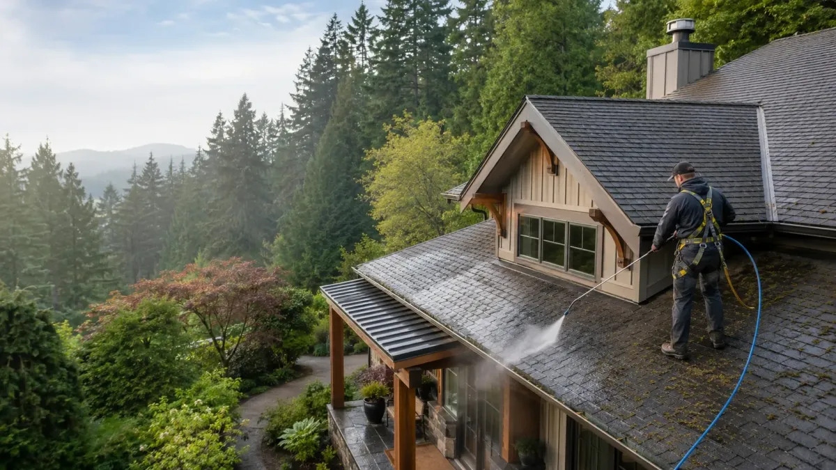 Roof cleaning technician safely removing moss and organic buildup from a residential roof in Gresham, Oregon.