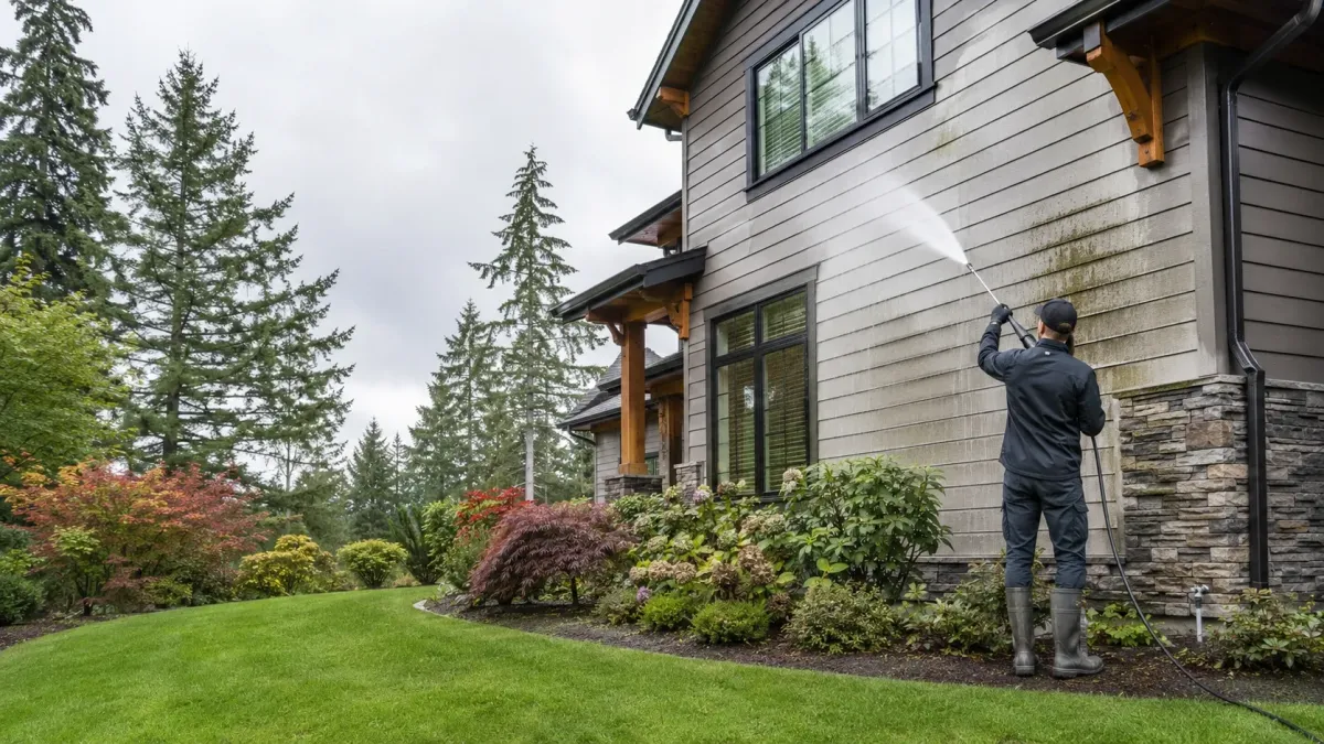 Exterior cleaning technician washing algae and grime from residential siding in Gresham, Oregon.