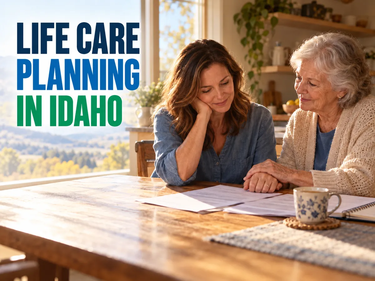 Mother and adult daughter reviewing care-planning papers at a sunlit kitchen table, with the title “Life Care Planning in Idaho