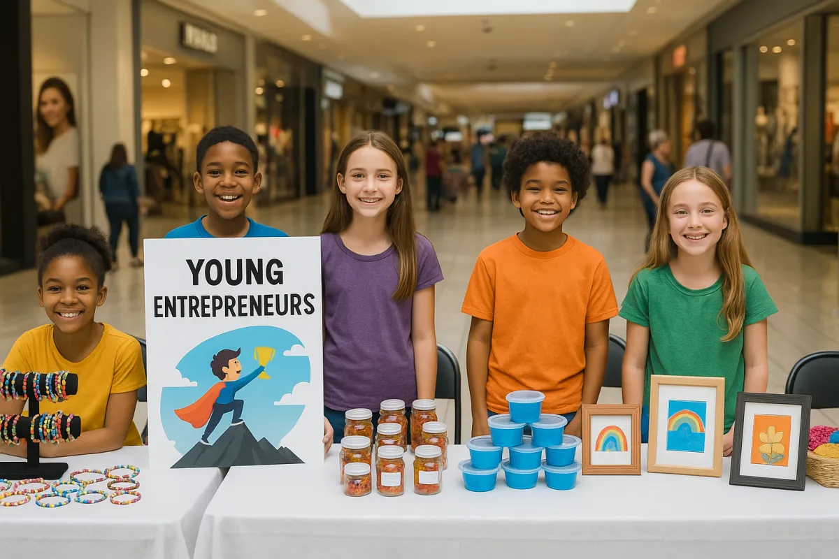 Young entrepreneurs at the Kid Entrepreneurs Vendor Fair, displaying handmade crafts and products, with a sign reading "YOUNG ENTREPRENEURS" promoting youth entrepreneurship at Family Legacy Fitness event.