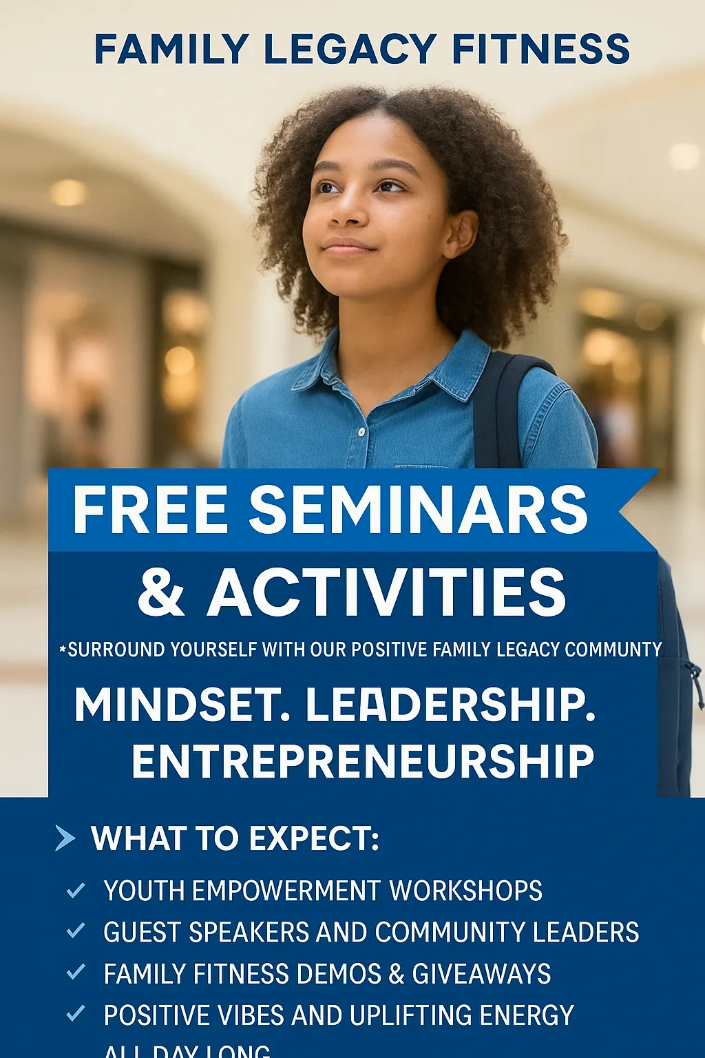 Young person with curly hair wearing a blue shirt, standing in a mall, promoting Family Legacy Fitness event featuring free seminars and activities focused on youth empowerment, mindset, leadership, and entrepreneurship.