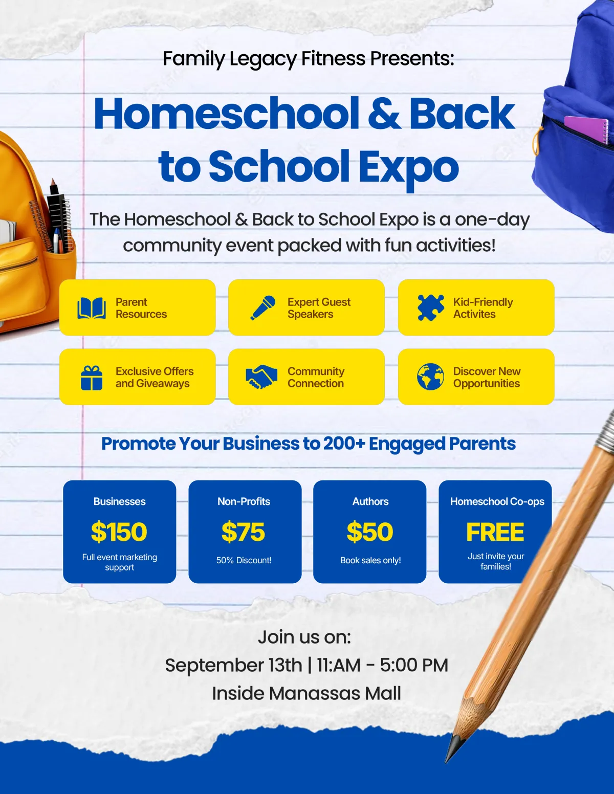 Homeschool & Back to School Expo promotional graphic featuring event details, community resources, and engaging activities for families, hosted by Family Legacy Fitness at Manassas Mall.