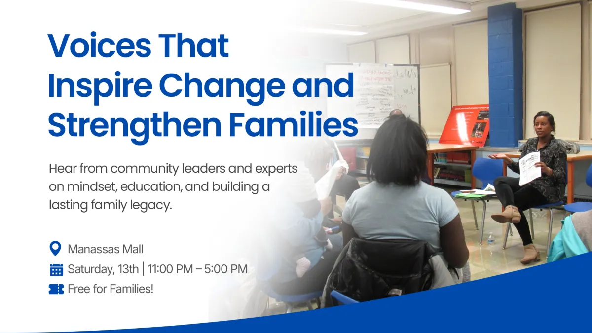 Community discussion on education and family legacy at Manassas Mall, featuring speakers and parents engaging in dialogue.