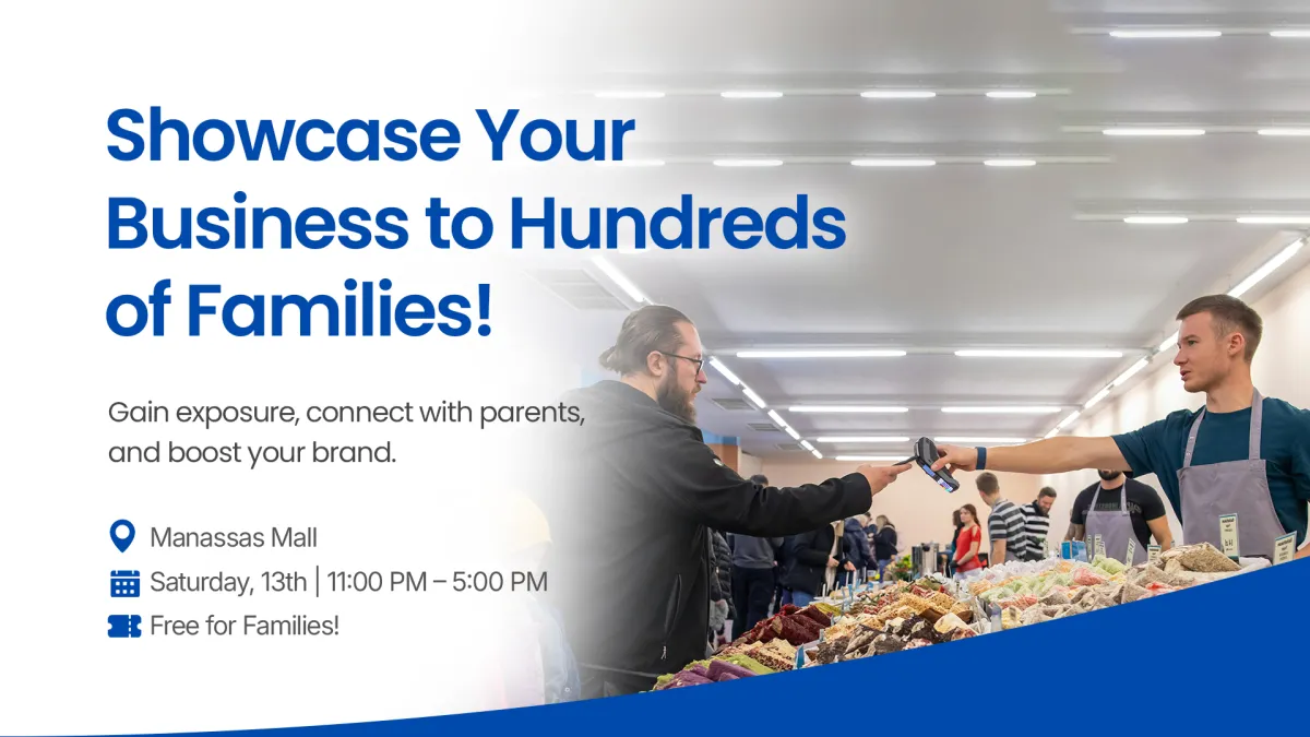 Business showcase event at Manassas Mall, featuring attendees engaging with vendors, promoting family resources and community connections, with event details highlighted in bold text.