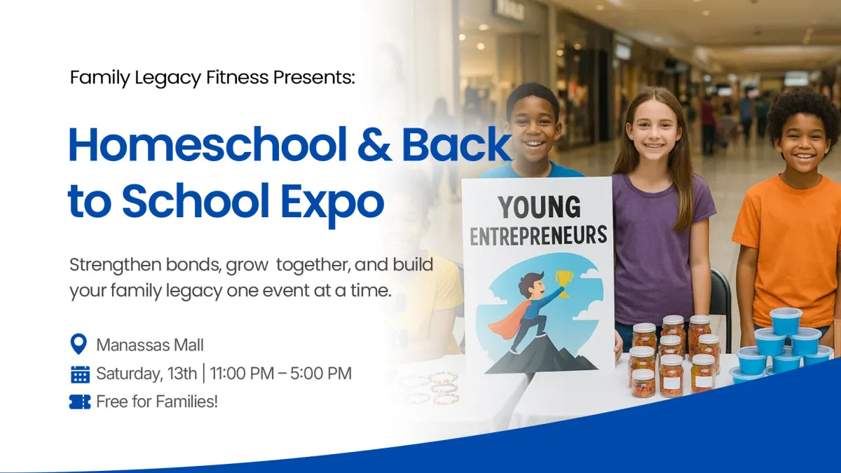 Children at a vendor table promoting the Homeschool & Back to School Expo, showcasing a sign reading "YOUNG ENTREPRENEURS," with jars and cups on display, set in Manassas Mall, emphasizing community engagement and educational opportunities.