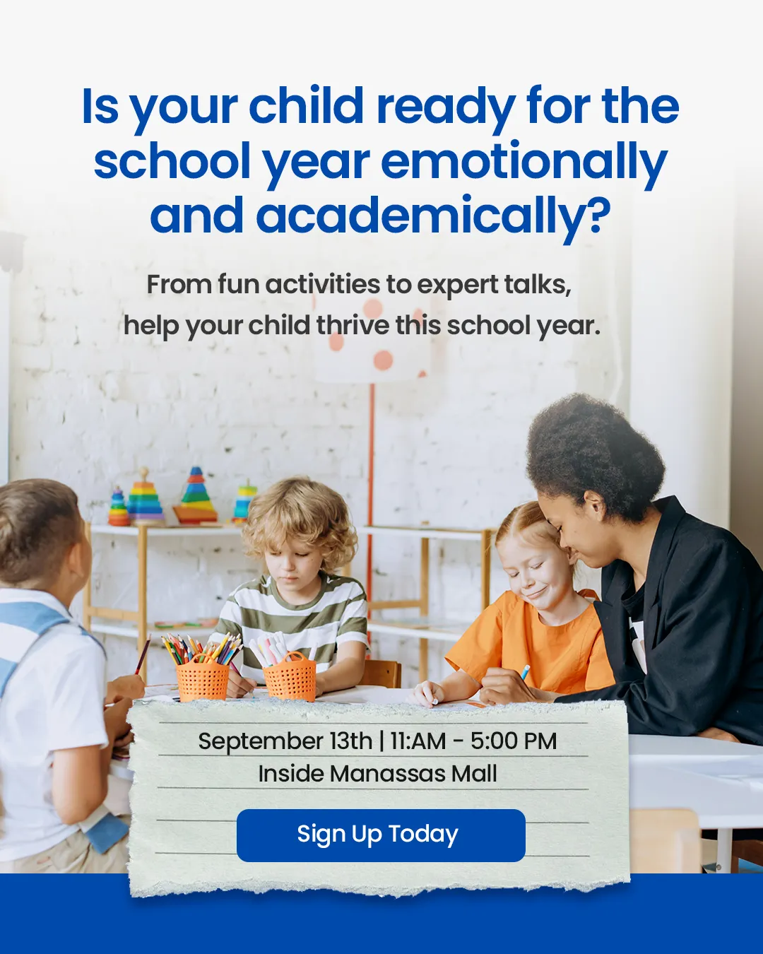 Children engaging in creative activities with an instructor, preparing for the school year, in a bright indoor setting with educational materials, promoting the Holiday Sale Expo at Manassas Mall.