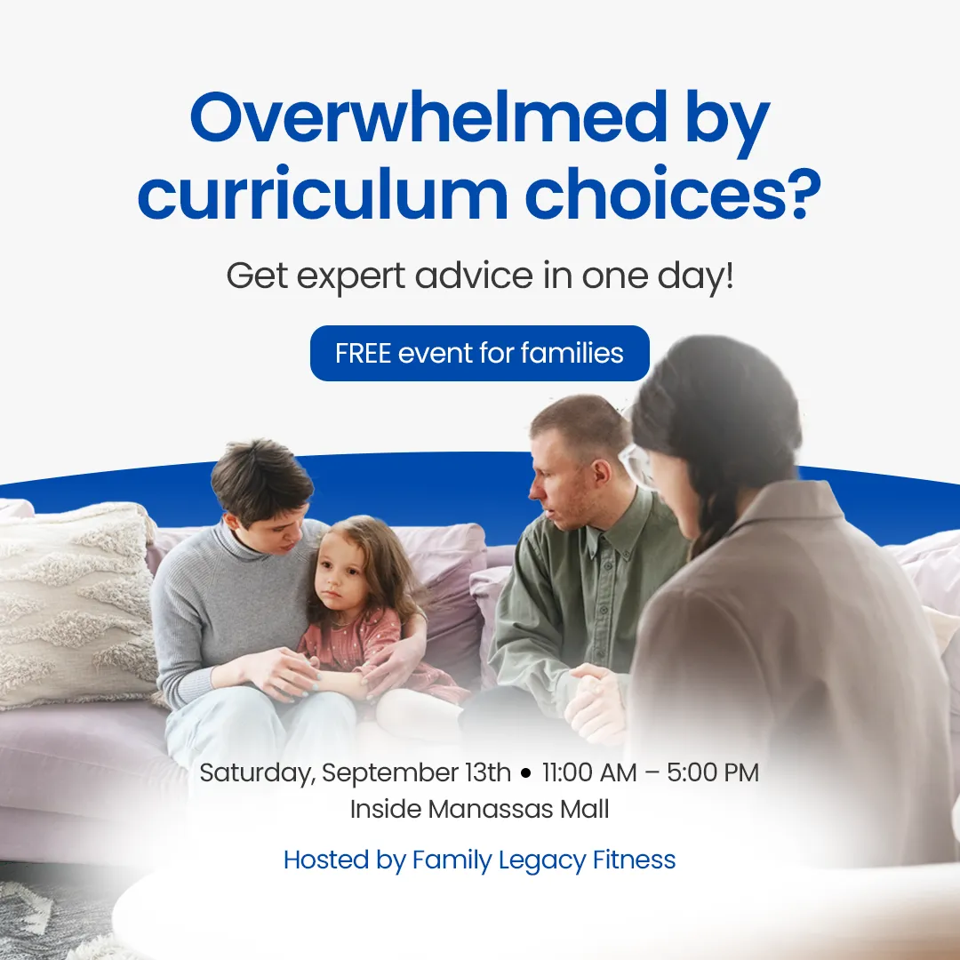 Family gathering discussing curriculum choices at a free family event hosted by Family Legacy Fitness, featuring expert advice and community connection opportunities.