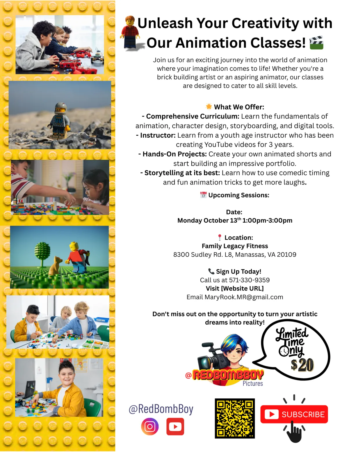 Children engaging in hands-on animation activities with Lego characters at Family Legacy Fitness, promoting creativity and storytelling skills in an upcoming Animation Stop Motion Class.