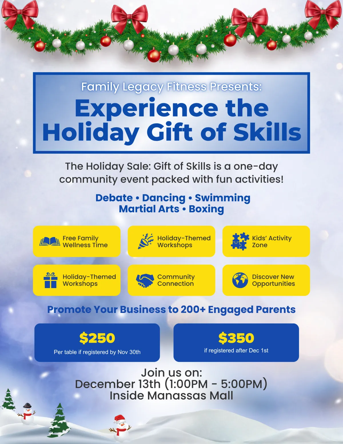 Family Legacy Fitness holiday event flyer featuring festive design, details about activities like debate, dancing, swimming, martial arts, and boxing, along with vendor registration information for a community expo at Manassas Mall on December 13th.