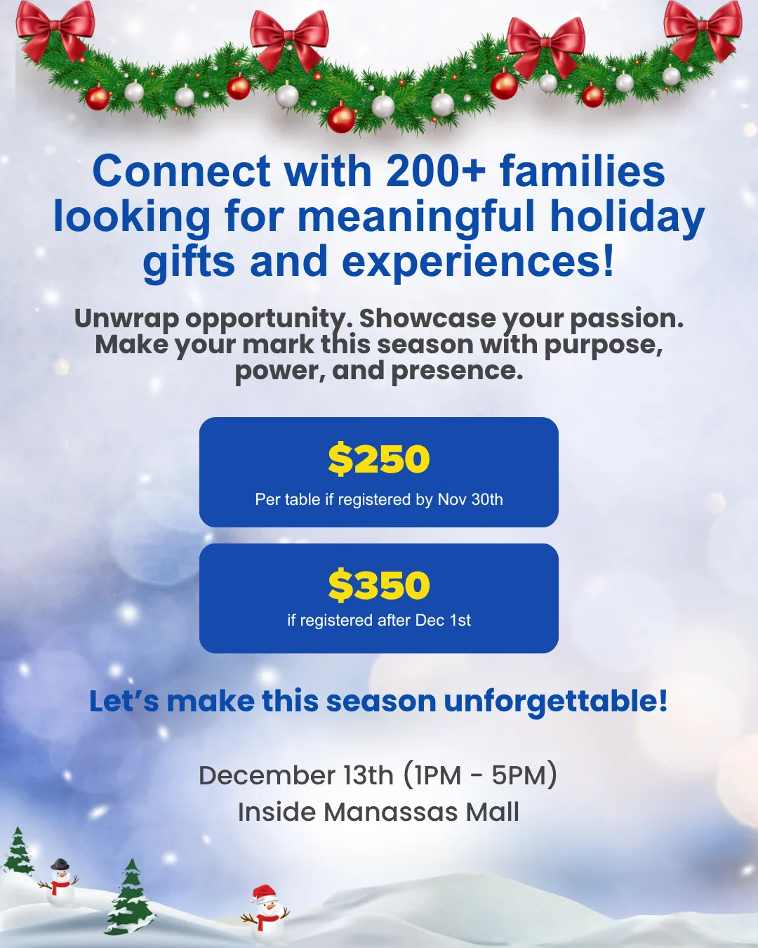 Connect with families for holiday gifts and experiences, showcasing vendor opportunities for a community event at Manassas Mall on December 13th.