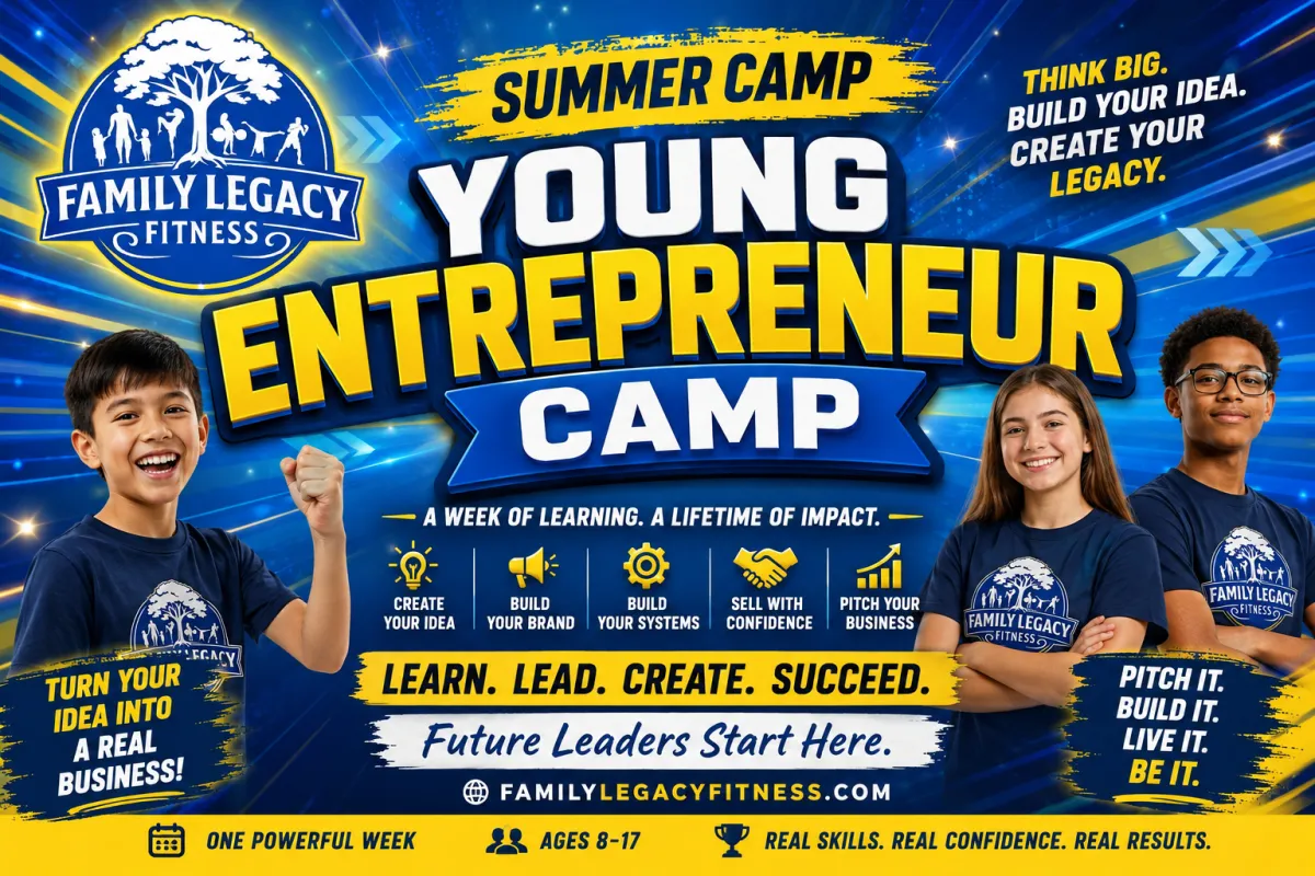 Kids and teens learning business, leadership, and entrepreneurship skills at Young Entrepreneur Camp at Family Legacy Fitness in Manassas VA