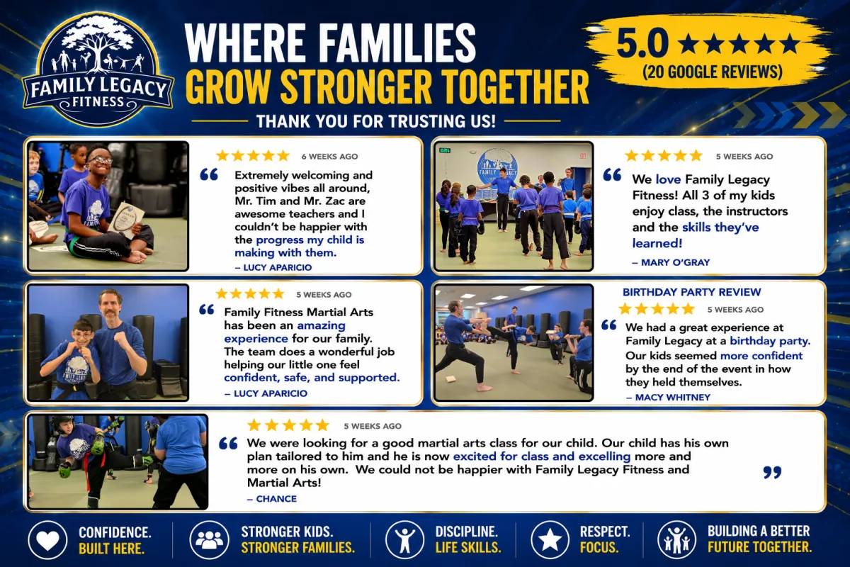 Family Legacy Fitness reviews from families in Manassas VA sharing confidence growth and martial arts success stories