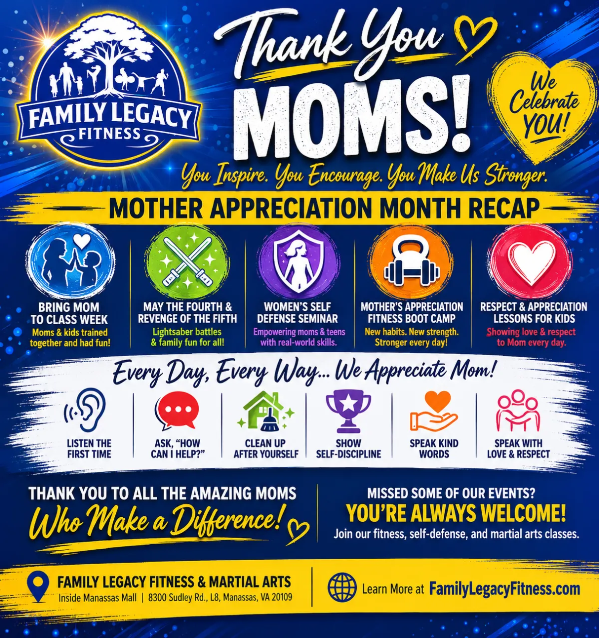 Moms and families training together during Mother Appreciation Month at Family Legacy Fitness in Manassas Virginia