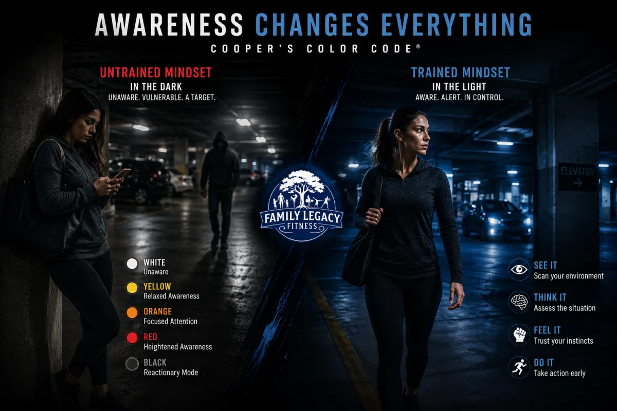 Awareness changes everything graphic illustrating Cooper's Color Code, contrasting untrained mindset in the dark with trained mindset in the light, featuring a woman walking confidently and a shadowy figure in the background, emphasizing self-defense and situational awareness training at Family Legacy Fitness.