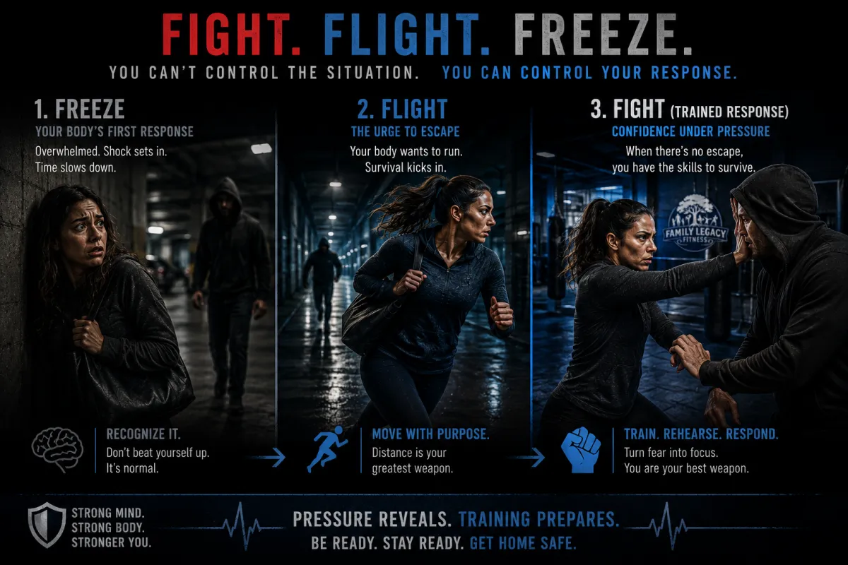 Fight, flight, freeze response training graphic featuring three scenarios: freezing in fear, fleeing for safety, and fighting back with confidence, highlighting practical self-defense concepts from Family Legacy Fitness & Martial Arts.