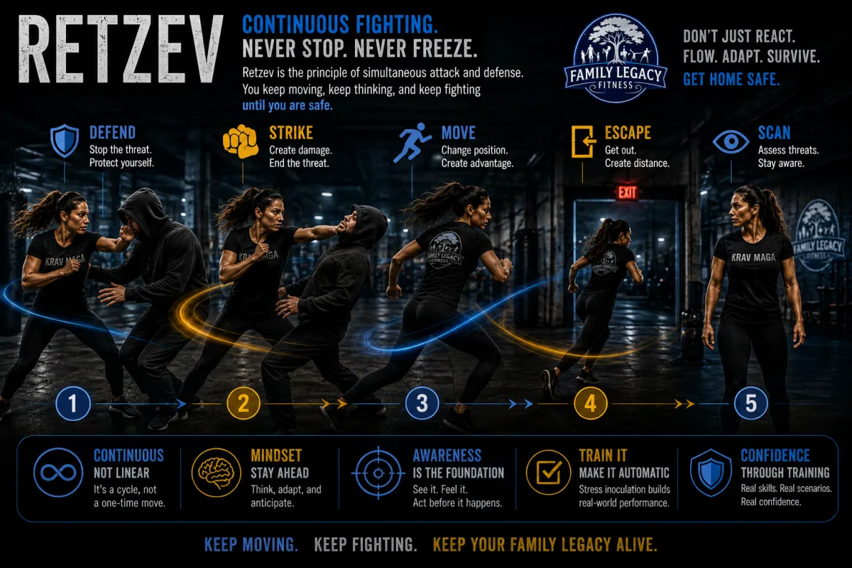 Retzev principles in Krav Maga training, illustrating continuous fighting techniques: defend, strike, move, escape, and scan, with Family Legacy Fitness branding.