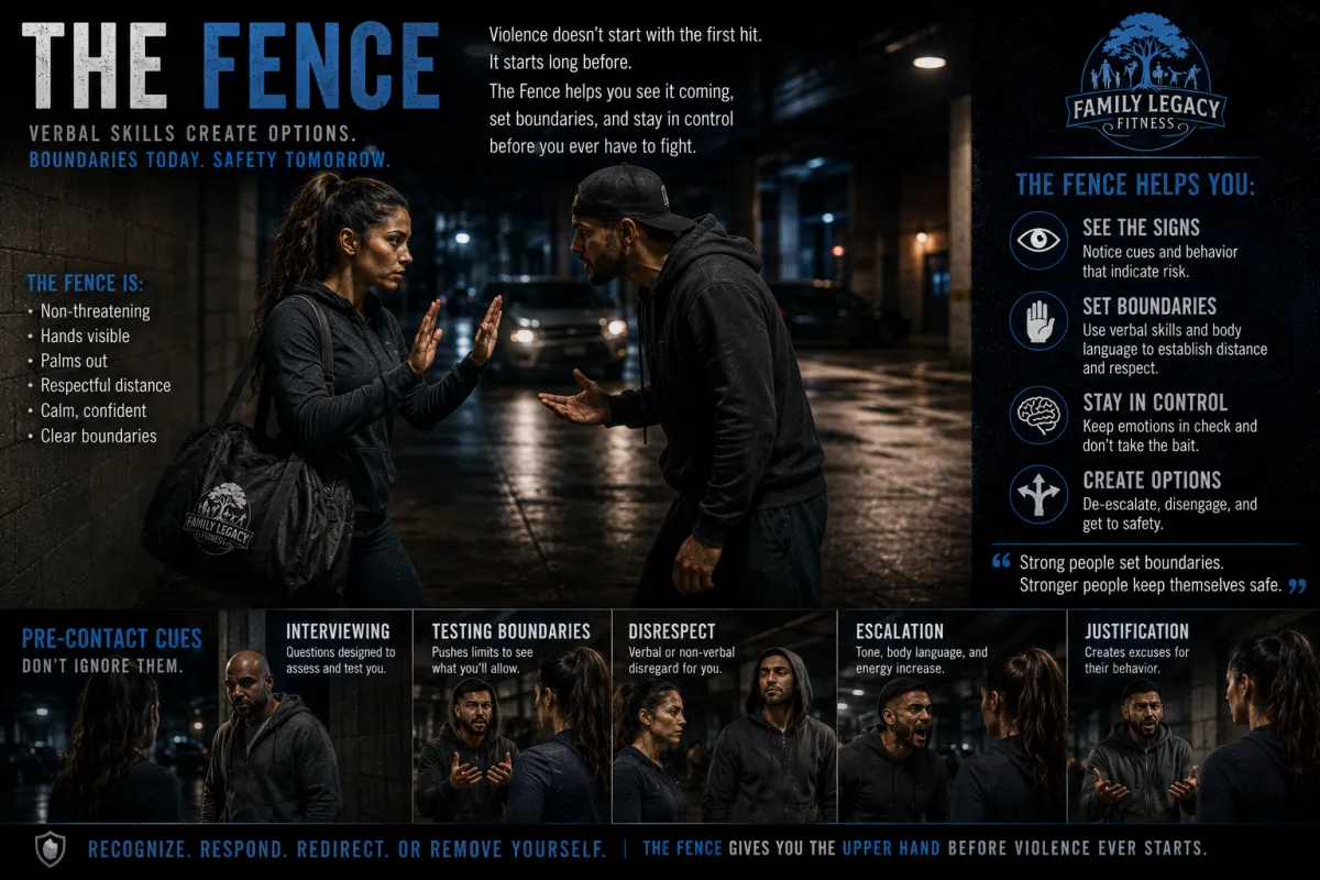 Image depicting two individuals engaged in a self-defense scenario, showcasing the concept of "The Fence" in Krav Maga training, emphasizing verbal skills, boundary setting, and conflict management, with a focus on safety and awareness in a martial arts context.