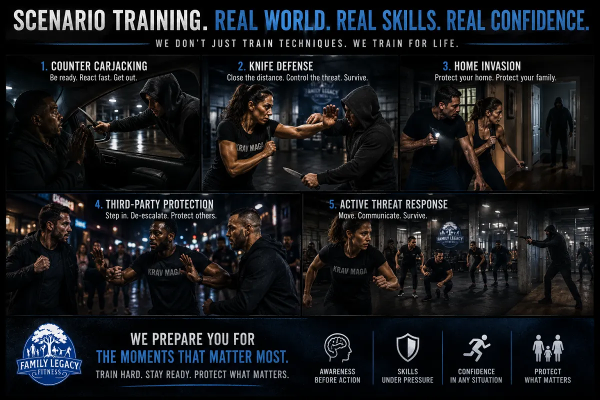 Krav Maga training scenarios showcasing counter carjacking, knife defense, home invasion response, third-party protection, and active threat response, emphasizing real-world skills and confidence for practical self-defense.
