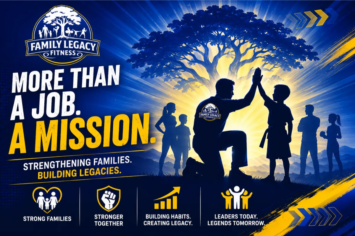 Family Legacy Fitness promotional graphic featuring a coach and child high-fiving, with text emphasizing mission-driven work, strengthening families, and building legacies.