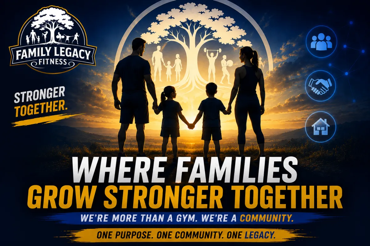 Family Legacy Fitness logo with family holding hands, sunset background, emphasizing community and strength, text "Where Families Grow Stronger Together," highlighting fitness and mentorship opportunities.