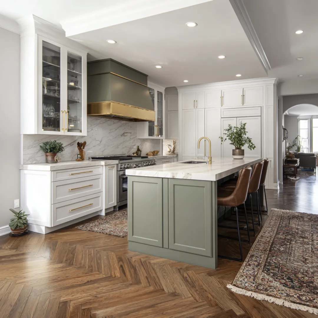 Luxurious custom kitchen with modern cabinetry, high-end appliances, and a spacious island, designed for functionality and elegance.