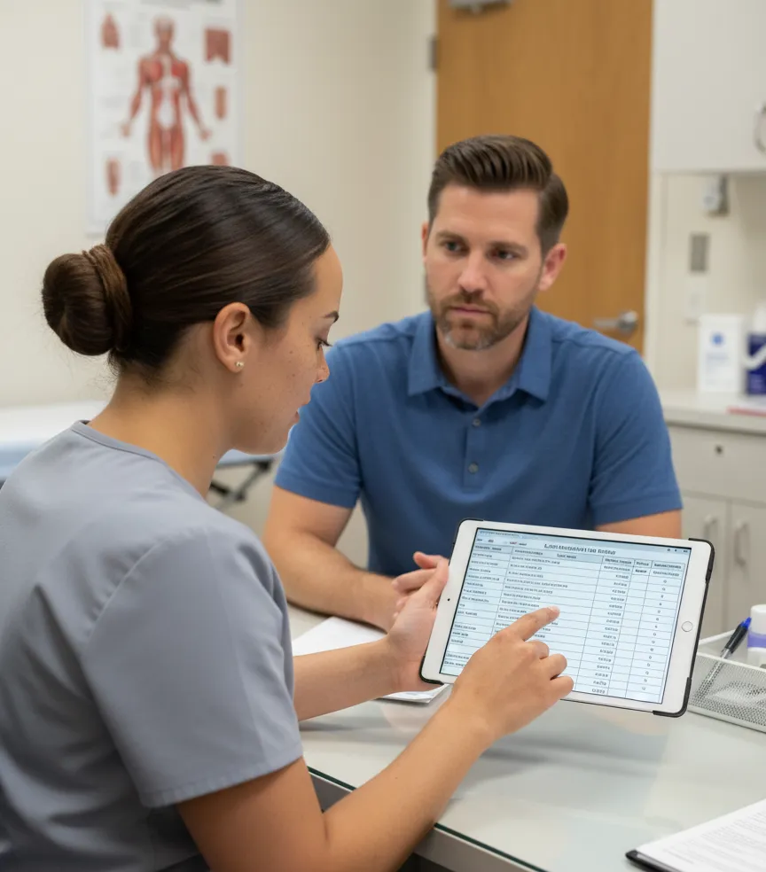 Clinician reviewing a patient's bloodwork on a tablet during consultation