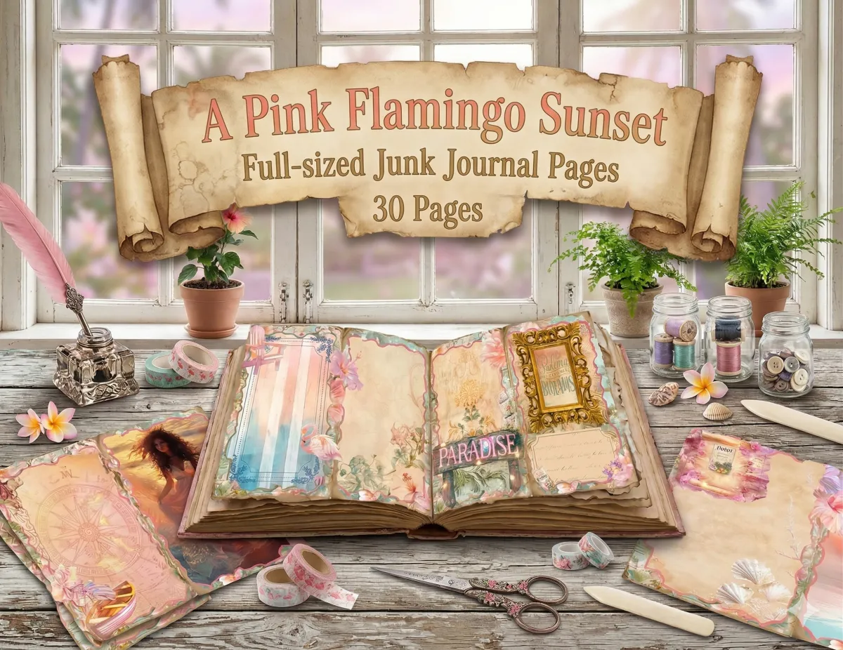 A Pink Flamingo Sunset Junk Journal Pages