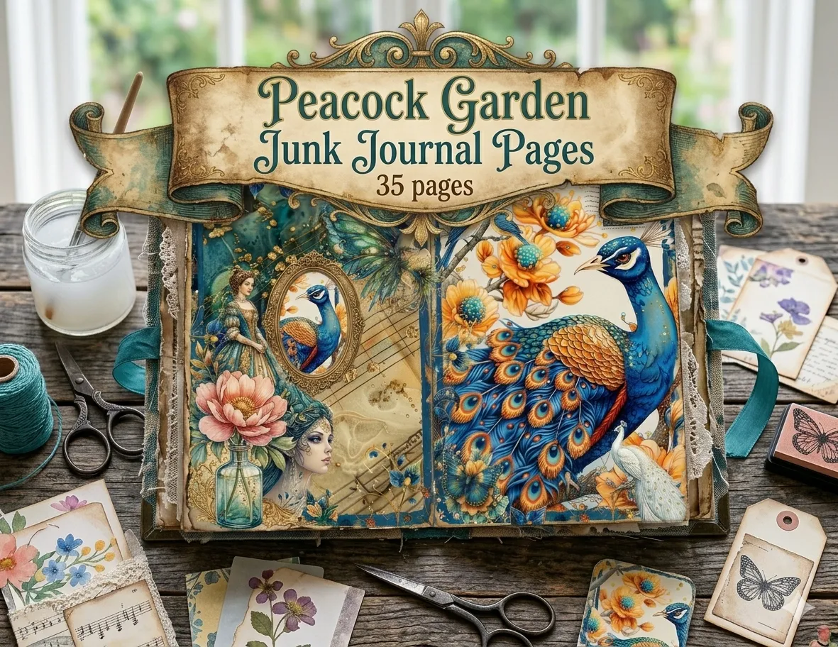 Peacock Garden Junk Journal Pages