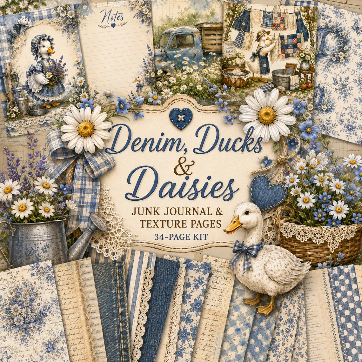 Denim, Ducks & Daisies Junk Journal & Textures