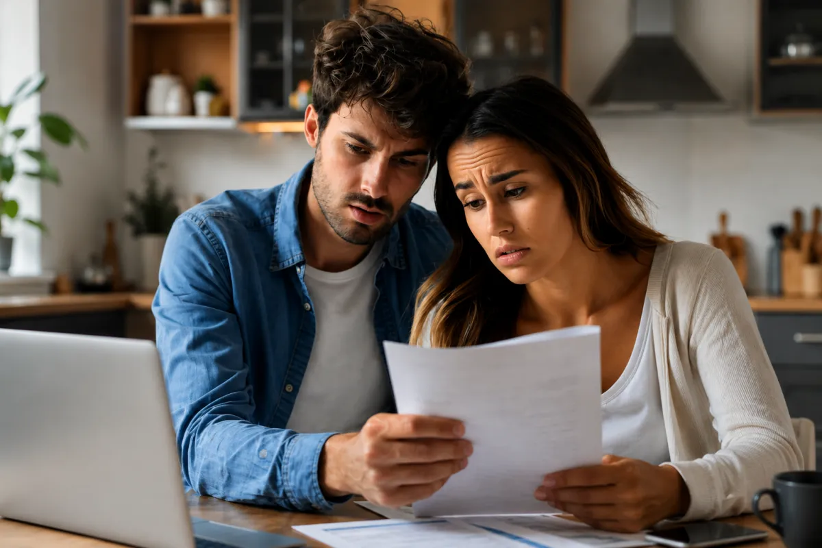 Worried couple reviewing bills and financial documents together at a kitchen table with a laptop