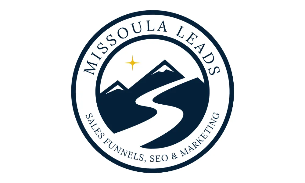 Missoula Leads logo in navy blue showing the mountains over missoula mt with the words missoula leads sales funnels, seo and marketing written around it.