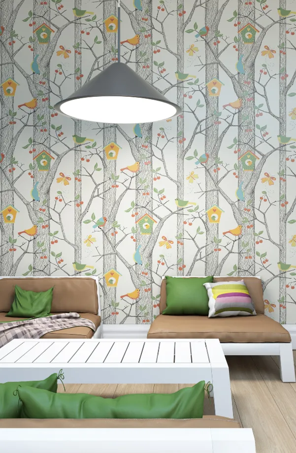 Children room with colorful wallpaper pattern