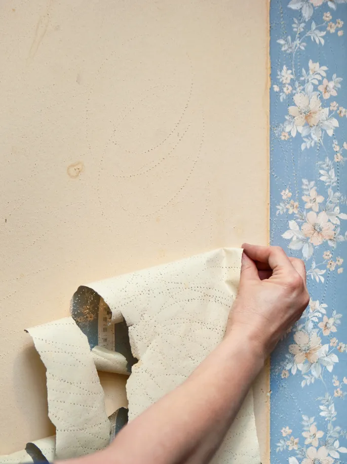 A female hand peels old wallpaper from the wall