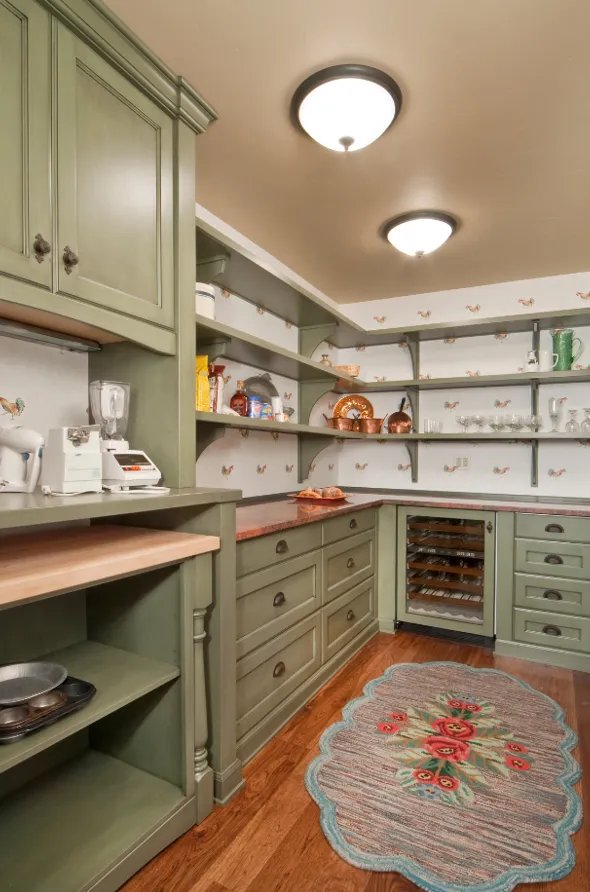 Kitchen with green shelves and cabinets