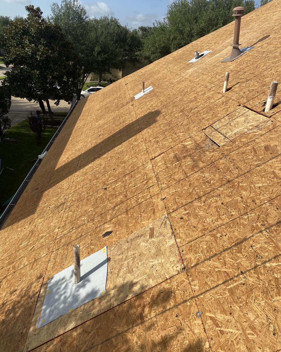 The roof of a building with a tree in the background