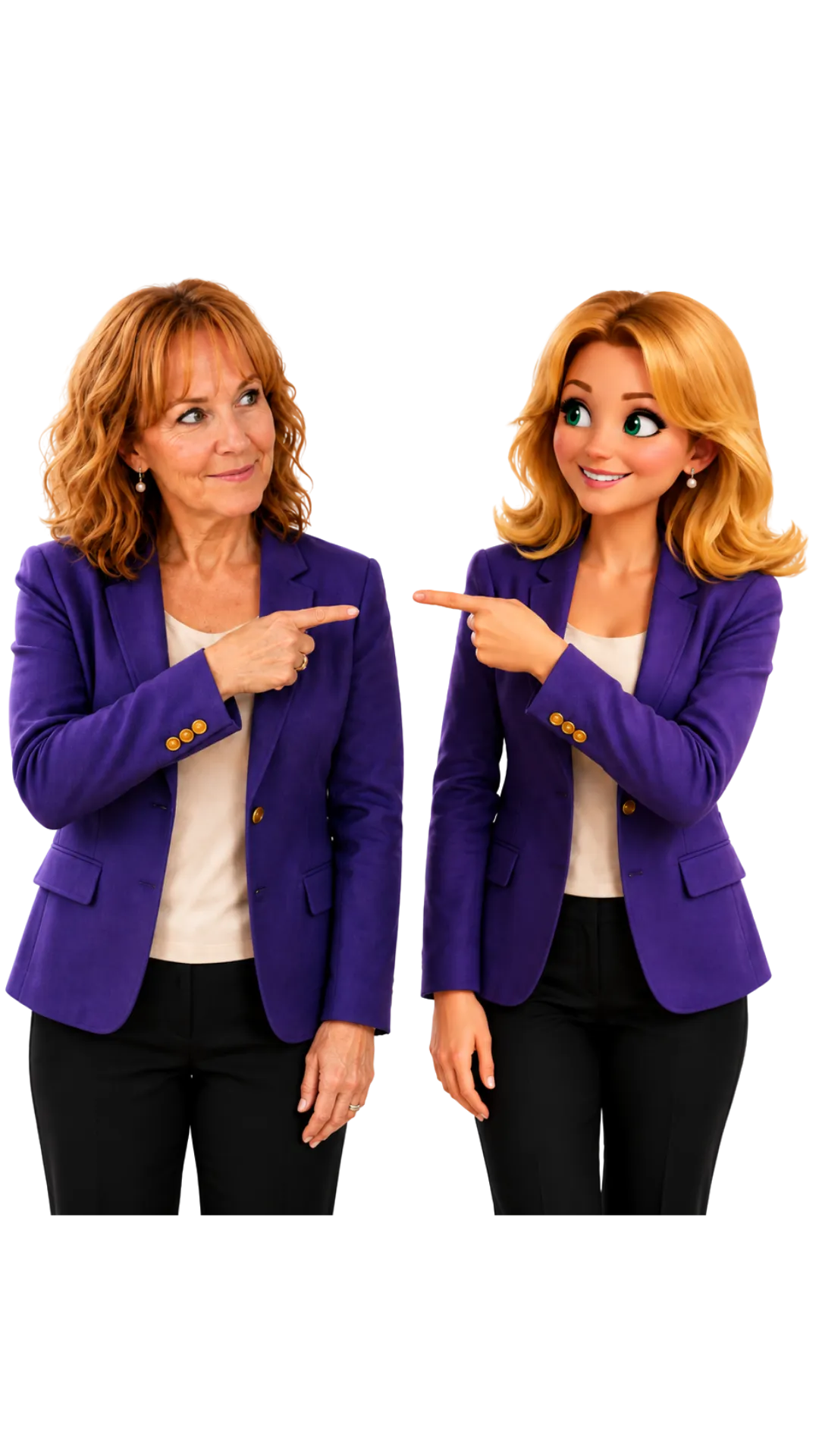 Tina Andrews standing beside her AI generated animated clone, both in purple blazers pointing at each other