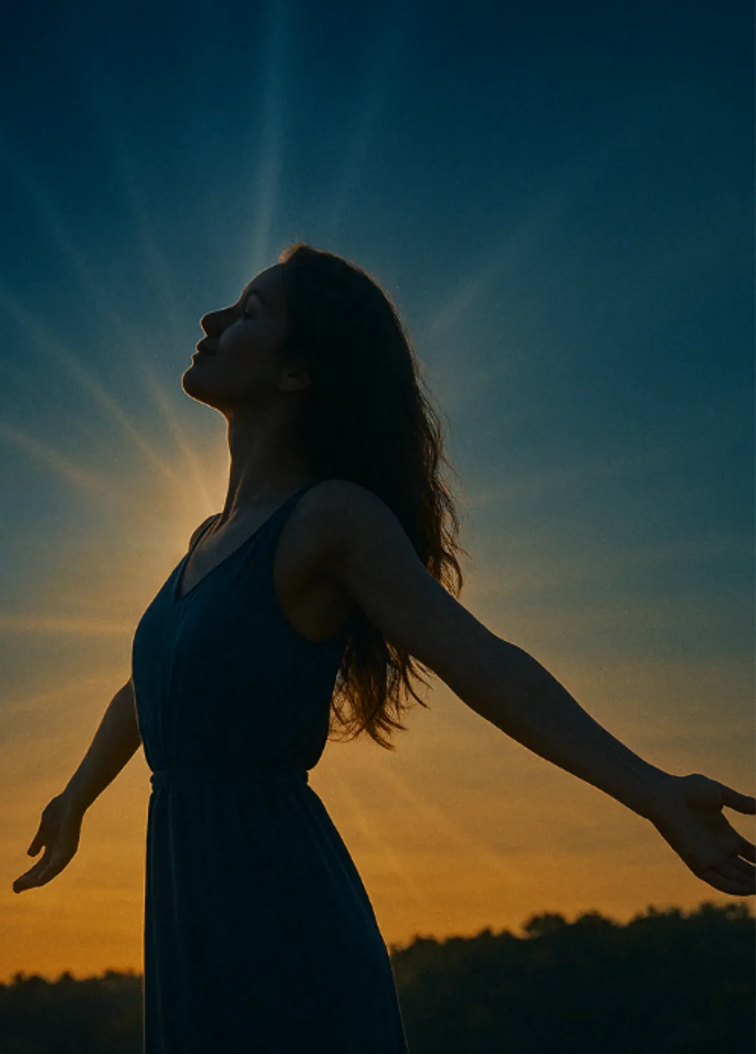 Woman standing with arms open at sunset, symbolizing release of generational blocks and embodiment of aligned wealth.