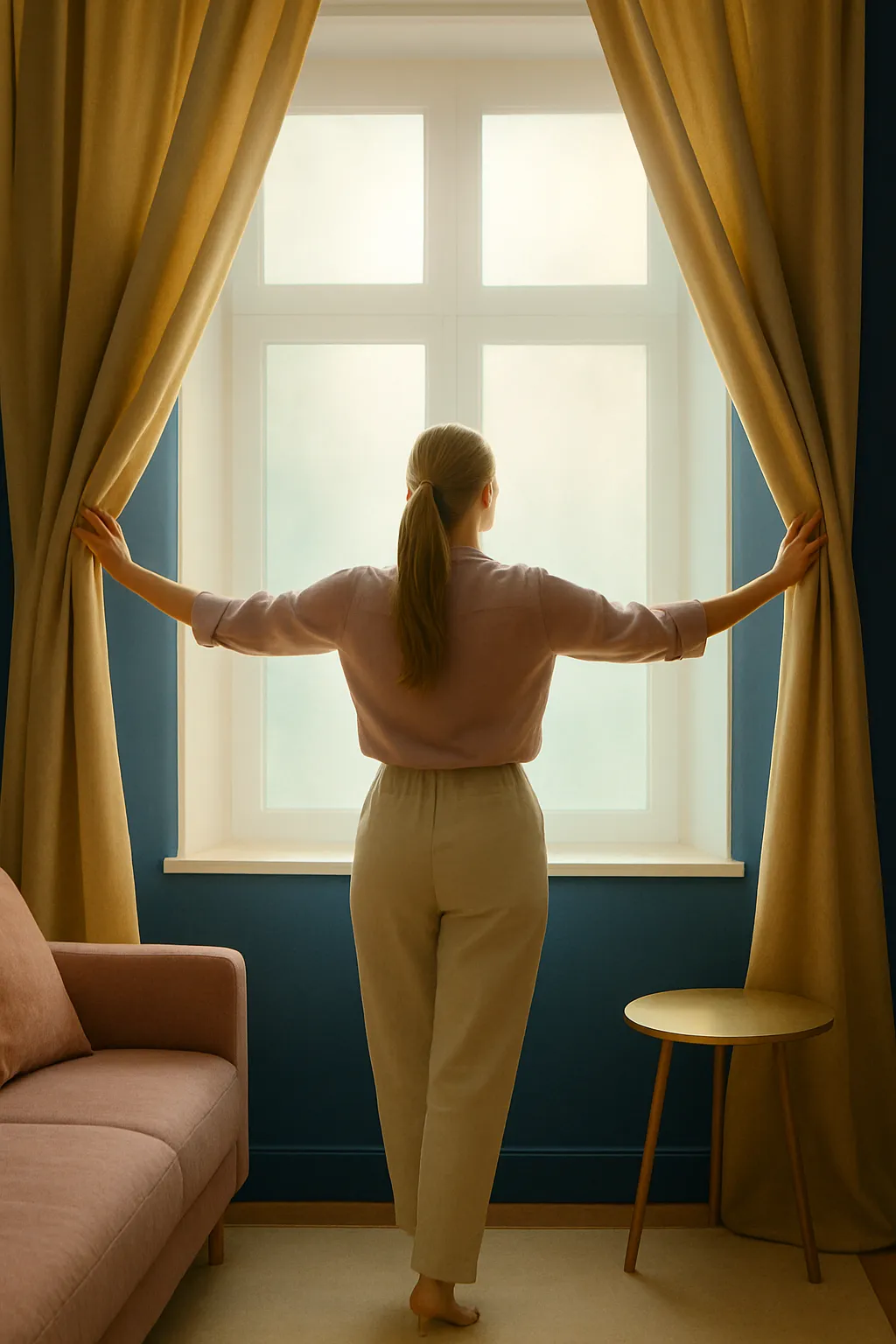 A woman lets in light, reflecting her inner shift toward balance and empowerment.