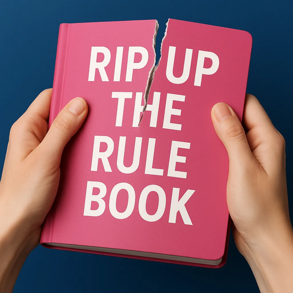 Picture of a book being ripped up and the book says Rip Up The Rule Book