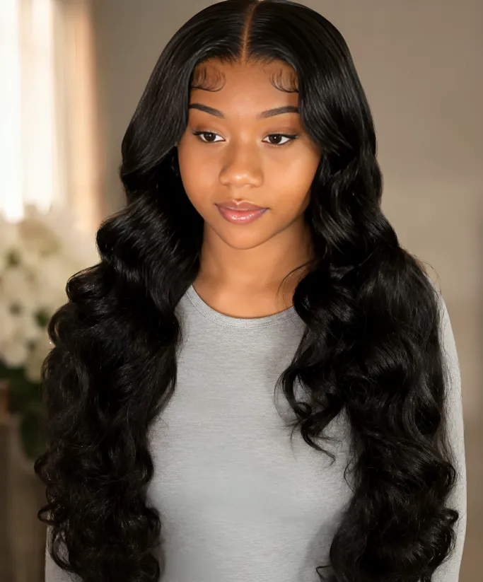 Woman with long black wavy hairstyle