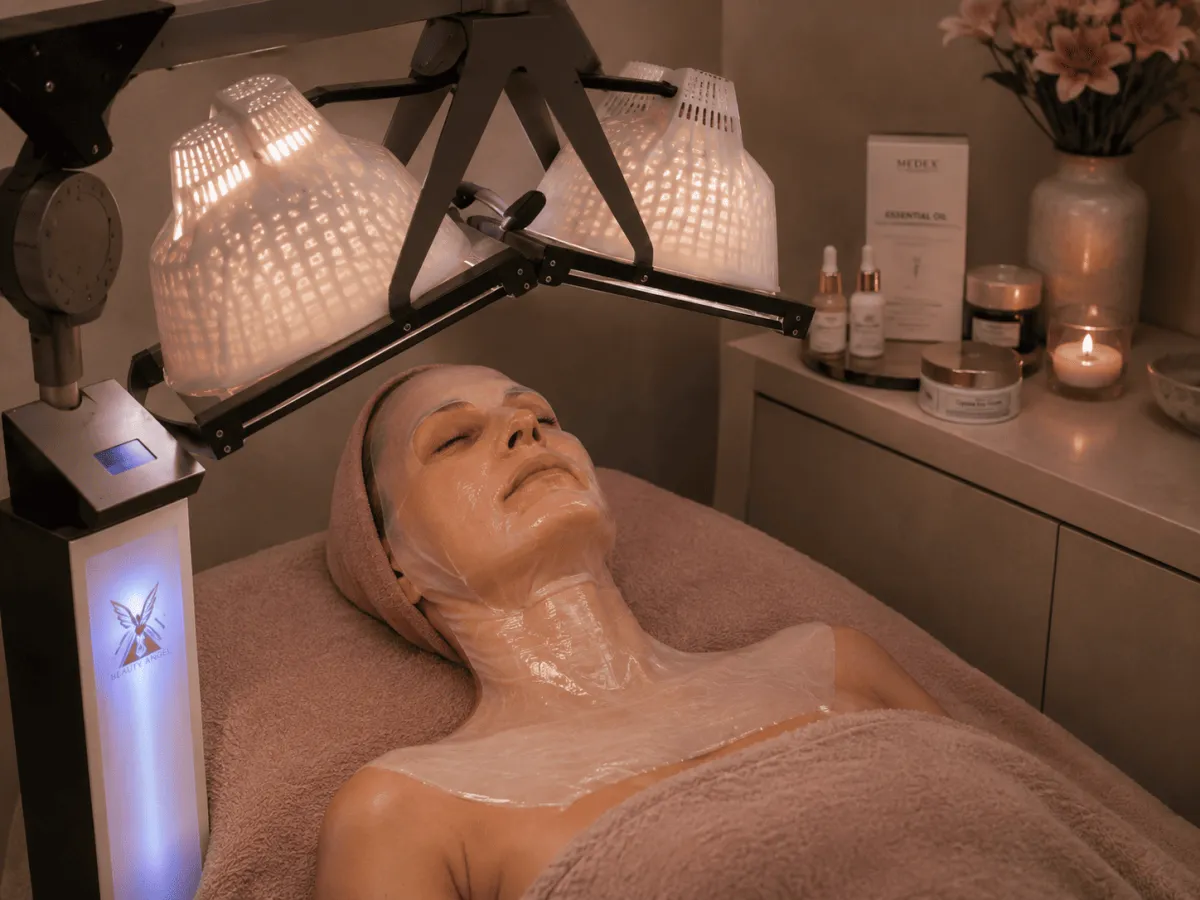 Med EMT maske på ansigtet og en Rose blossom maske på hals og bryst. Giver Beauty Angel en ekstra fugtboostende oplevelse
