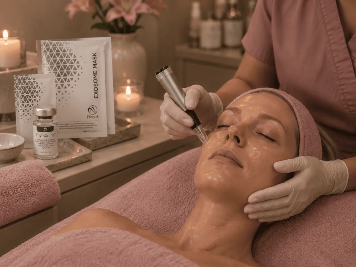 Microneedling ansigtsbehandling med PhytoXome™ serum og Exosome Mask til fugt, glød, elasticitet og reducering af fine linjer.