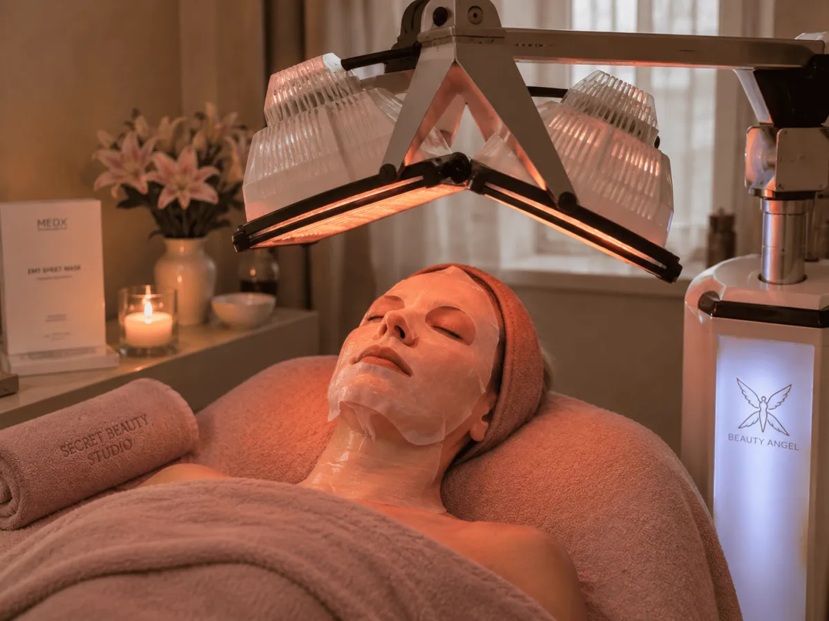Beauty Angel MultiWave lysbehandling med EMT sheet-maske og hovedbundsmassage til fugt, glow og regenerering af huden.
