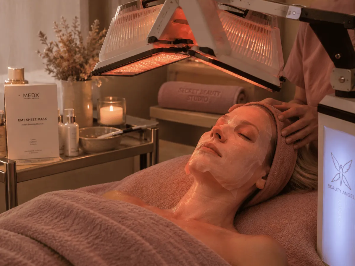 Fire ugers Beauty Angel MultiWave behandlingsforløb med EMT sheet-maske, hovedbundsmassage og collagen booster til fugt, glow og hudfornyelse.