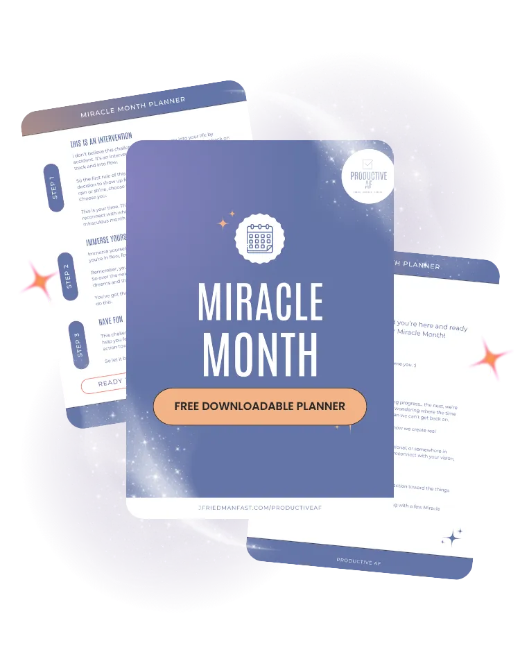 Miracle Month Planner free downloadable PDF by Productive AF—stylish digital planner cover with calendar icon, step-by-step productivity guide pages, and branding for overwhelmed women seeking clarity and organization.