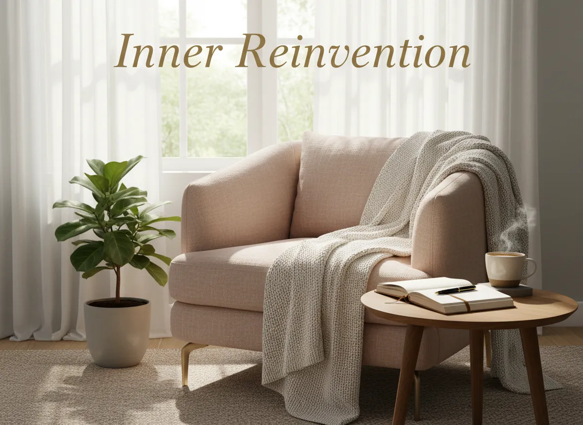 A sunlit, cozy living room with a soft armchair, a cup of coffee on a small table, an open journal with a pen, and a leafy plant by the window. The scene radiates calm, gentle reinvention, and restful self-trust for women in midlife. Overlay text reads “Inner Reinvention” in an elegant, approachable font.